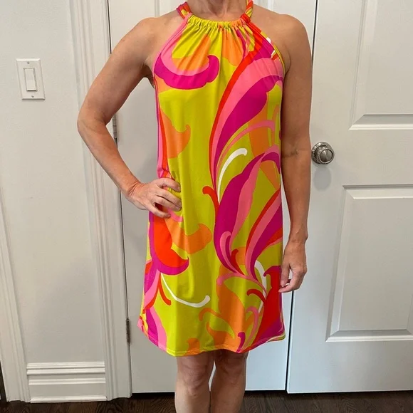 Trina Turk Vibrant Pink and Orange Halter Dress - Picture 1 of 3